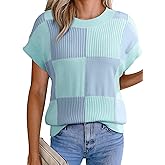 EVALESS Short Sleeve Sweater for Women Crewneck Color Block Knit Tops 2026 Spring Trendy Cap Sleeve Sweater Vest