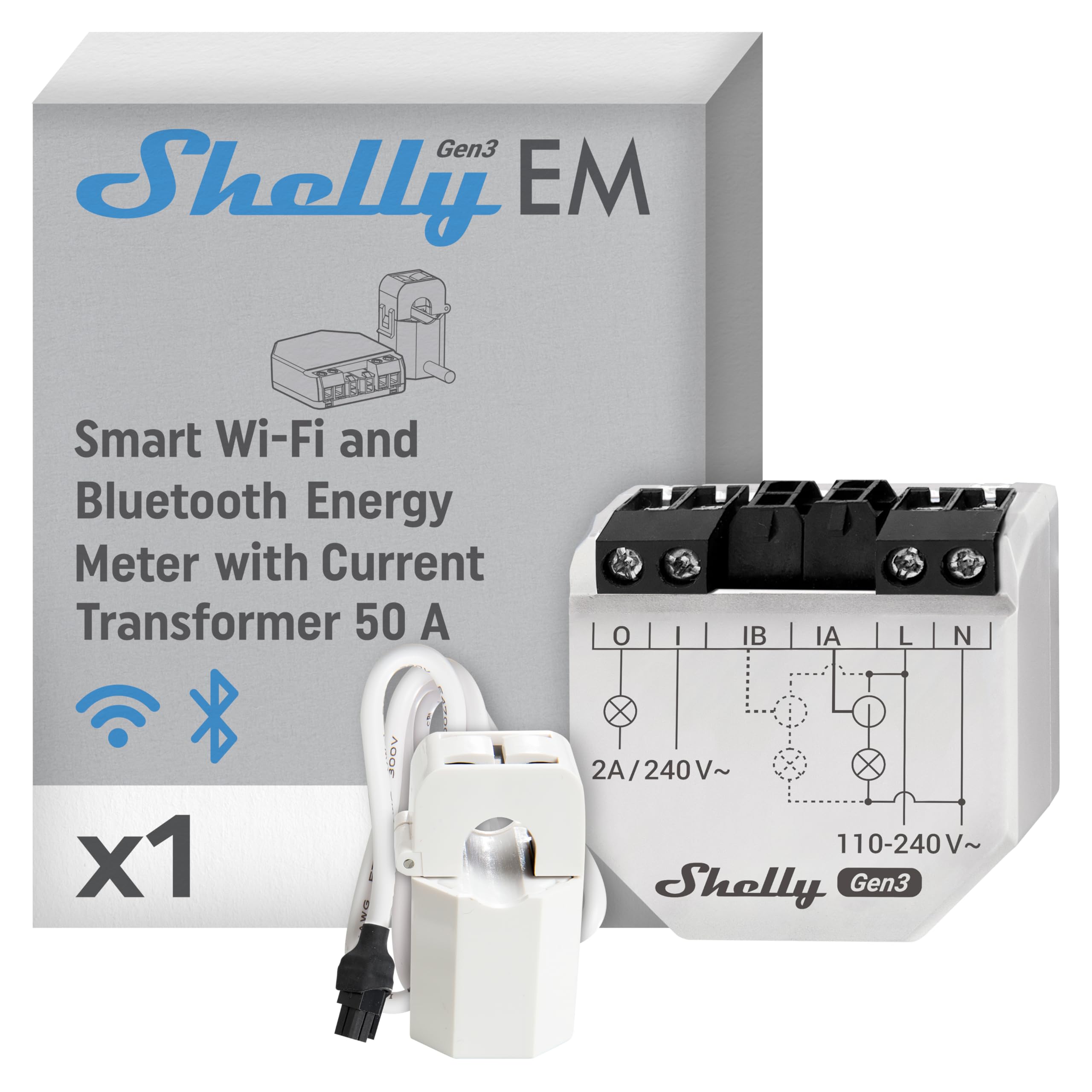 Shelly EM Gen3 - WLAN Smart Energiezähler, Einphasig, 2 Kanal, 50A Stromwandler Inklusive, Bis zu 80A, Solar, Bidirektional, Schützsteuerung, Verbrauchsmessung, Unterputz, Kein Hub Erforderlich