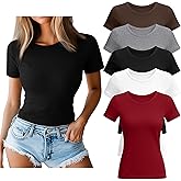 Huukeay 5 Pack Women's Ribbed Tops Short Sleeve Cotton Fitted Slim T-Shirts Crew Neck Casual Basic Summer Tight Tees