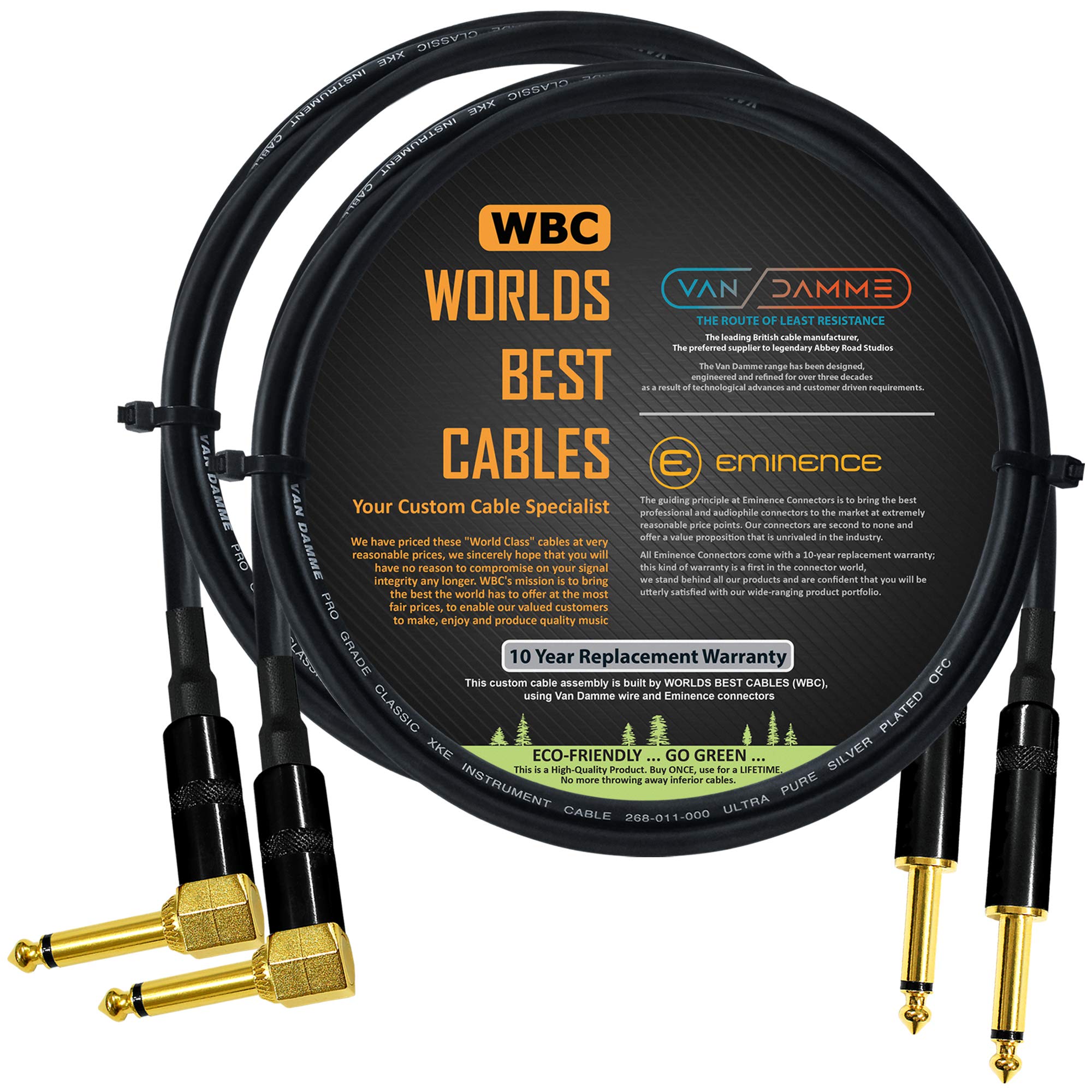 2 Units - 1.5 Meter - Van Damme Pro Grade Classic XKE - Premium Ultra-Flexible Multi-Shielded Guitar Instrument Effects Patch Cable w/Eminence Straight & Angled Gold 6.35mm TS Plugs & Staggered Boots