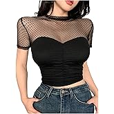 WDIRARA Women's Polka Dots Mesh Short Sleeve T Shirts Ruched Mock Neck Tee Rib Knit Crop Top
