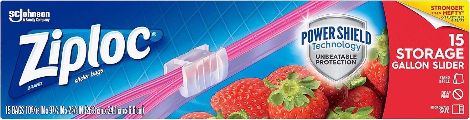 Ziploc Slider Storage Bags with New Powershield Technology, For Food, Sandwich, Organization and More, Gallon, 15 Count