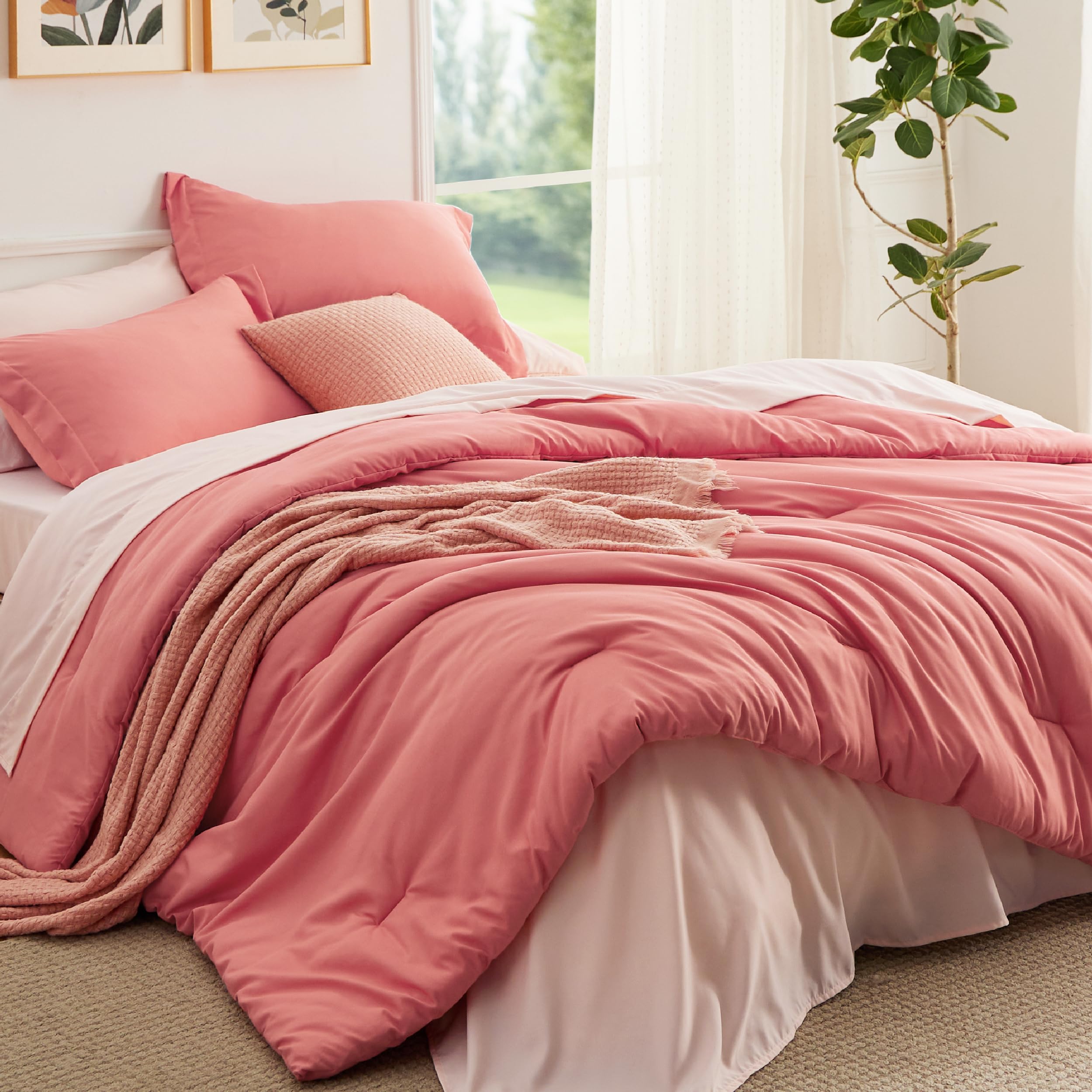 Photo 1 of Bedsure Queen Comforter Set - 7 Pieces Coral Queen Bedding Set for All Seasons, Boho Contrasting Design Bed in a Bag with Comforter, Sheets, Pillowcases & Shams
