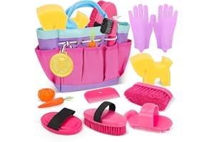 deAO Horse Grooming Kit for Girls 12 Piece Pretend Play Horse Care Set with Tote Bag, Horse Brush Set for Realistic Cleaning and Bathing Play, Gift for Horse Riders Beginners