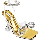 Zzheels Double Bowknots Crystal Sandals Clear Slingback Heels Square Toe Shoes for Party Wedding