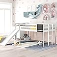 Twin Size Low Loft Bed with Slide,Kids Loft Bed with Chalkboard and Ladder,Wood Low Loft Bed Twin Size for Girls Boys,White