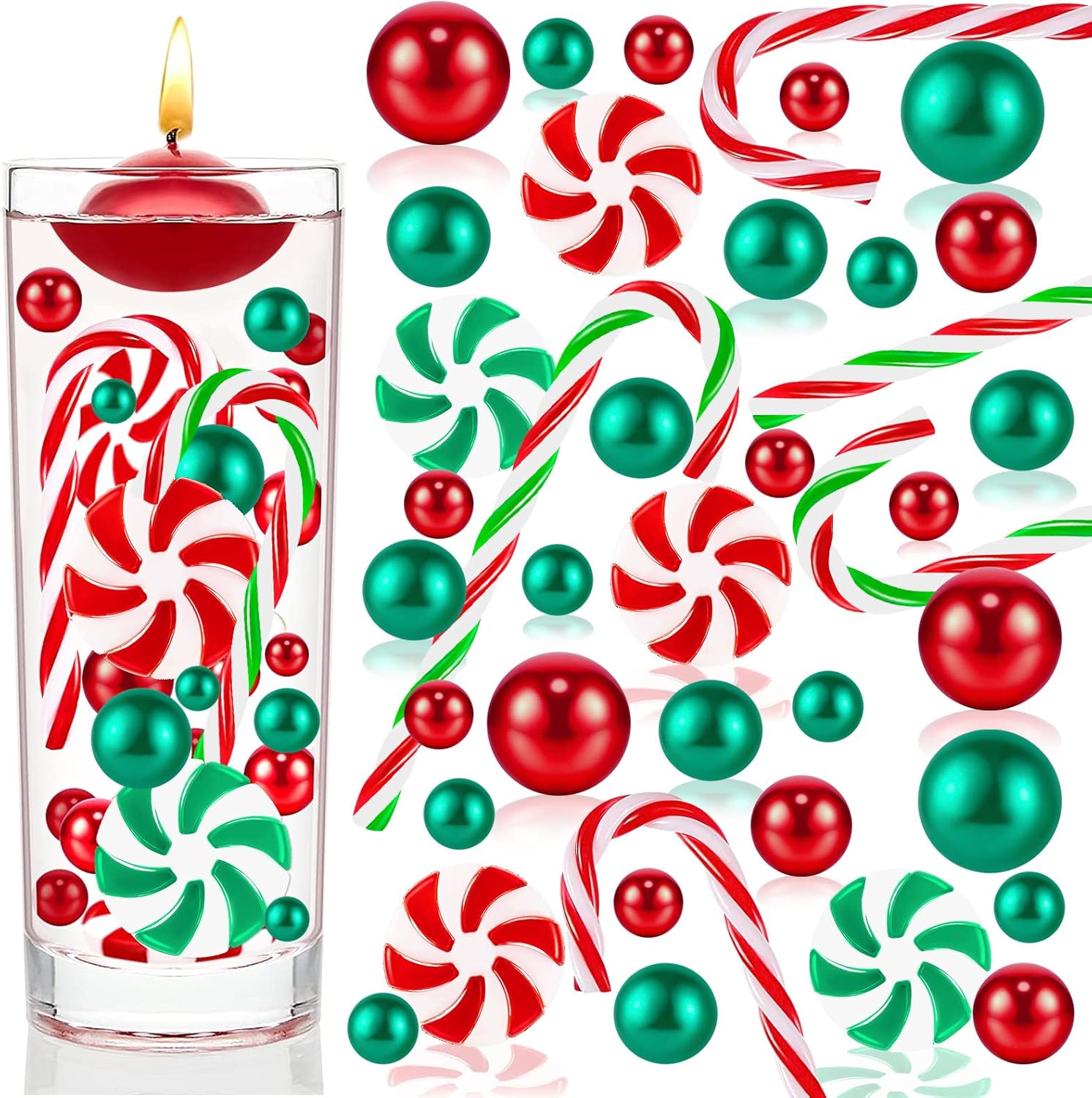 Vase Fillers - 120 Pcs Christmas Vase Filler, Green Red Candy Cane Pearl Beads, Christmas Filler Floating Faux Pearls for Vase Home Table Party Decor