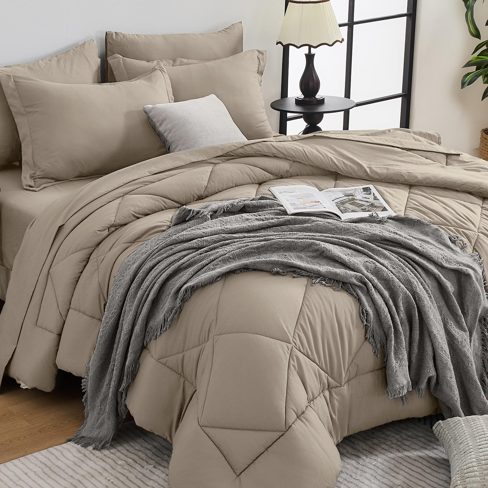 HEVUMYI Linen King Comforter Set - 7-Piece All Season Bed in a Bag King, Ultra Soft Bedding Set with Comforter, Flat Sheet, Fitted Sheet, Pillowcases, Pillow Shams Image