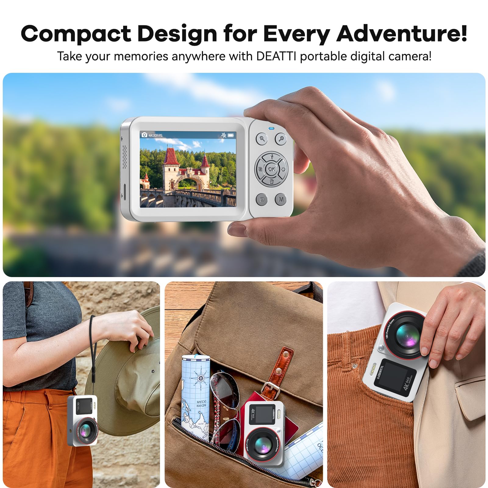 Deatti Digital Camera,FHD 4K Camera with Dual Screen 64GB SD Card 2 Batteries,Digital Point and Shoot Camera,18X Zoom,Anti Shake Portable Rechargeable for Boys Girls Kids,White