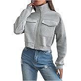 Verdusa Women's Zip Up Cropped Jacket Streetwear Stand Collared Fall Outerwear with Pockets