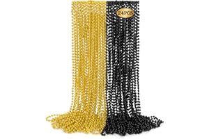 Huskein 24 PCS Mardi Gras Beads Bulk, Black Gold Party Supplies, 33" New Year Eve Beaded Costume Necklaces for Festive Event Accessories, Beaded Parade Throw for Celebrations Party Favors Carnival
