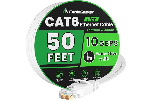 Cat 6 Ethernet Cable 50 ft, Support Cat8 Cat7, 10Gbps High Speed Flat Internet Network Cable with 25 Clips+4 Straps, White Co