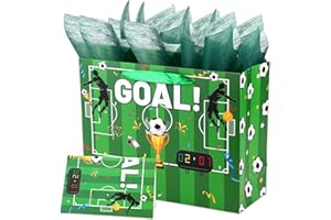 Large Soccer Birthday Gift Bag with Wrapping Paper and Greeting Card, Football Goal Field Party Favor Goodie Bags Soccer Ball