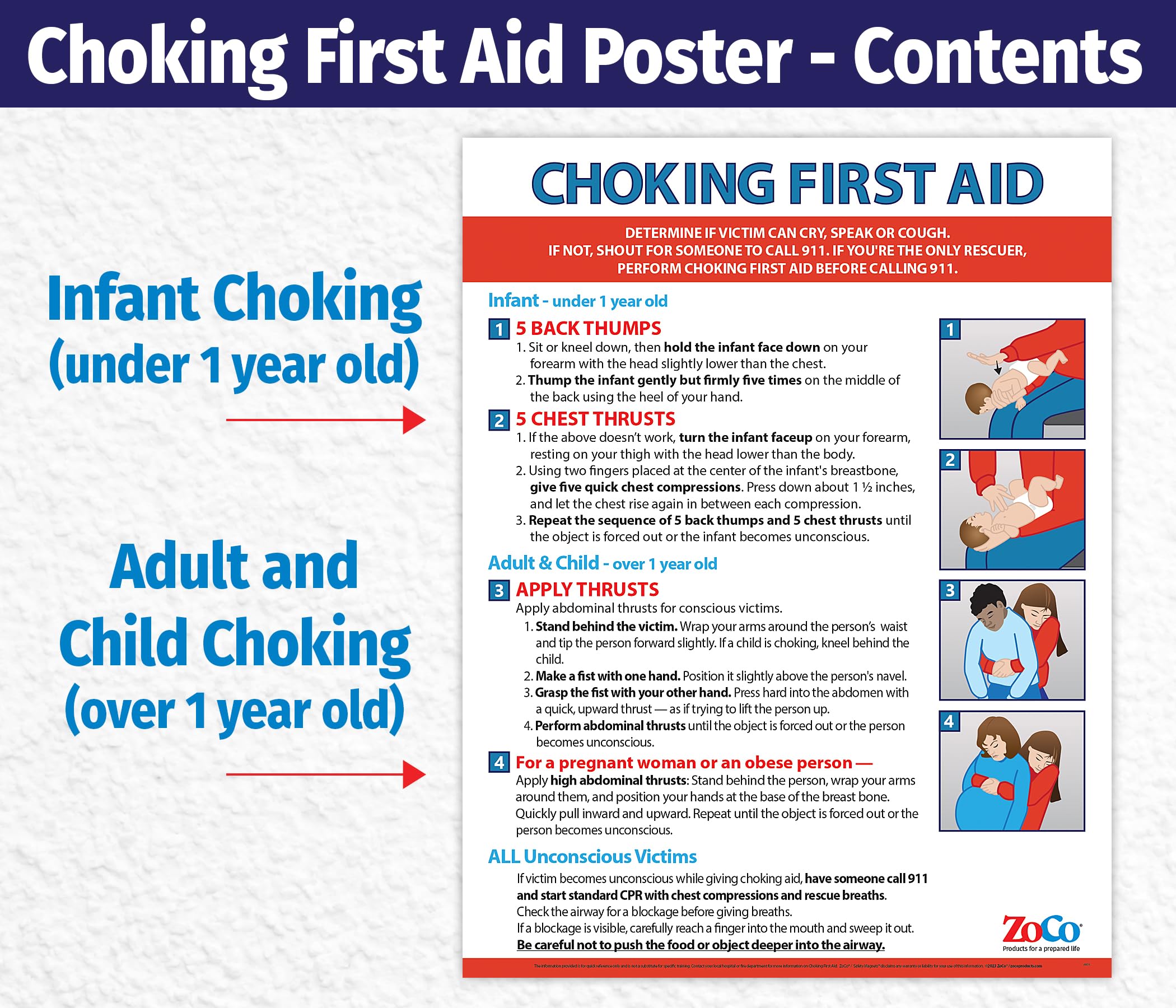Choking Poster for Infant, Child, Adult - Laminated, 17 x 22 - Heimlich Maneuver Posters for Restaurants, Workplace, School Nurse Office - First Aid for Choking