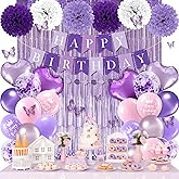 Purple Birthday Decorations For Women - Includes Multiple Balloons Butterfly Stickers Fringe Curtain Happy Birthday Banner Circle Dots Garland Paper Pompoms - Birthday Decorations For Women And Girl