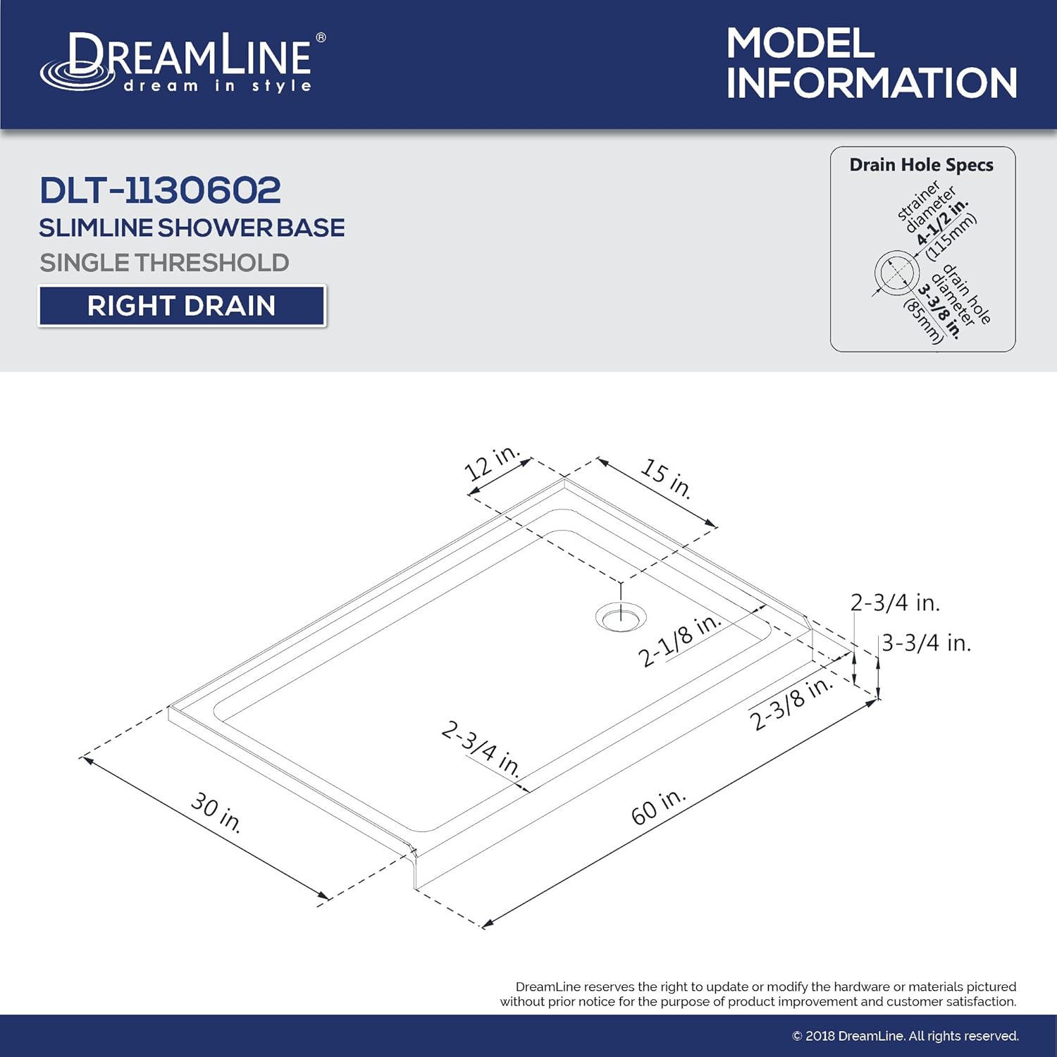DreamLine SlimLine 30 in. D x 60 in. W x 2 3/4 in. H Right Drain Single Threshold Shower Base in