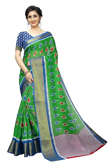 Pandadisaree Womens Cotton Printed Pochampally Ikat Saree with 5-inch Zari Border and Blouse Piece(Blue)