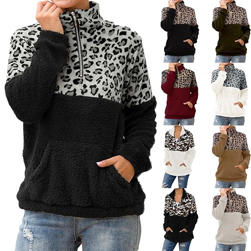 Quarter Zip Jumper Women, Fleece Sweatshirt with Pockets, Leopard Print Fluffy Womens Sweaters, Fuzzy Soft and Warm Ladies Long Sleeve Tops for Winter