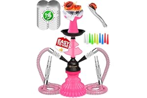 TRICASE Portable Hookah set with everything - Pink Hookah Set 2 Hose Hookahs – Pink Mini Hookah 2 Hose Hooka Set with 50x Foil Sheets, Silicone Bowl 10x Disposable Tips and Sisha Tongs