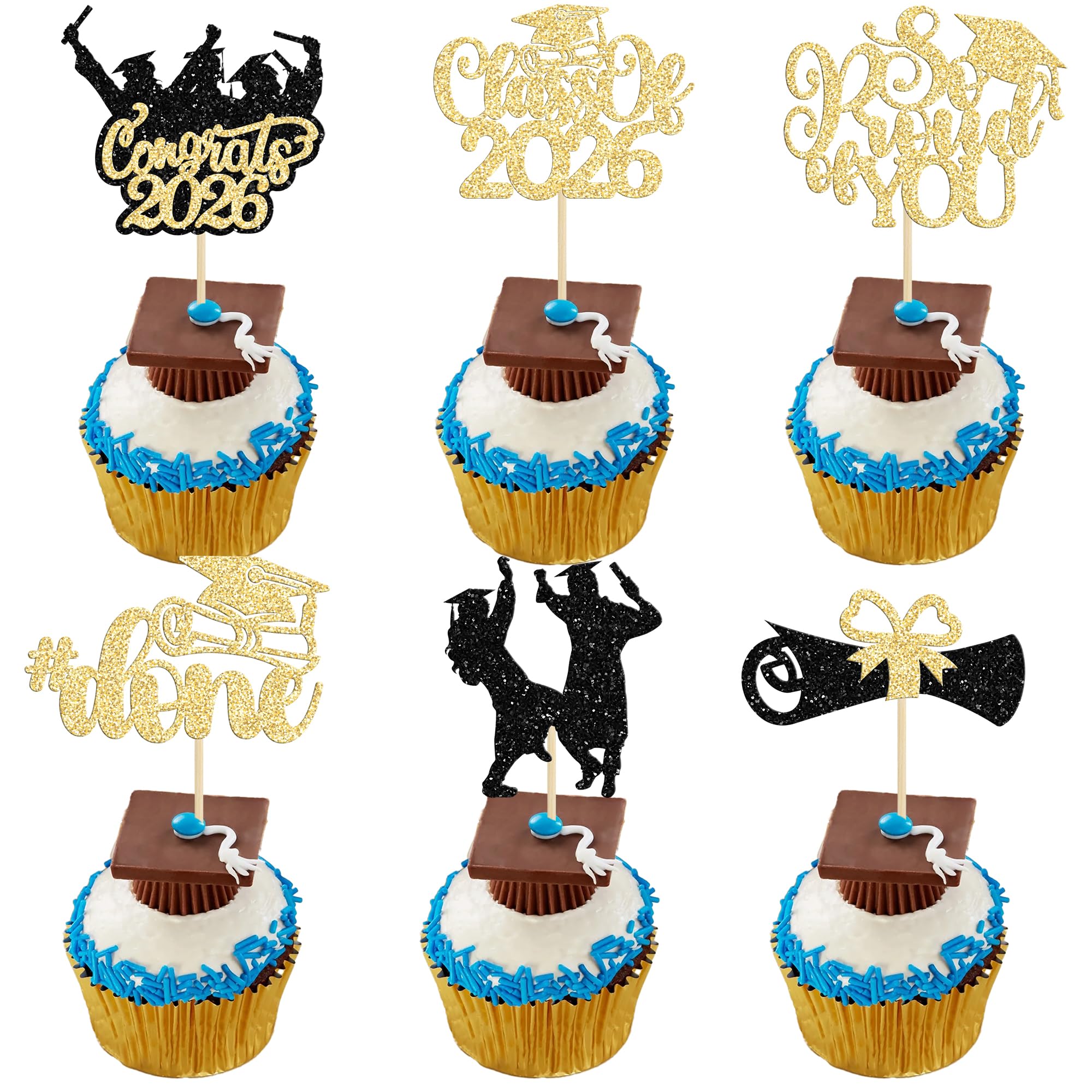 Gyufise 24Pcs 2026 Graduation Theme Cupcake Toppers Glitter Diploma Graduation Cap Cupcake Picks Done Class of 2026 Cake Decorations for 2026 Graduation Theme Party Supplies Gold — image 1