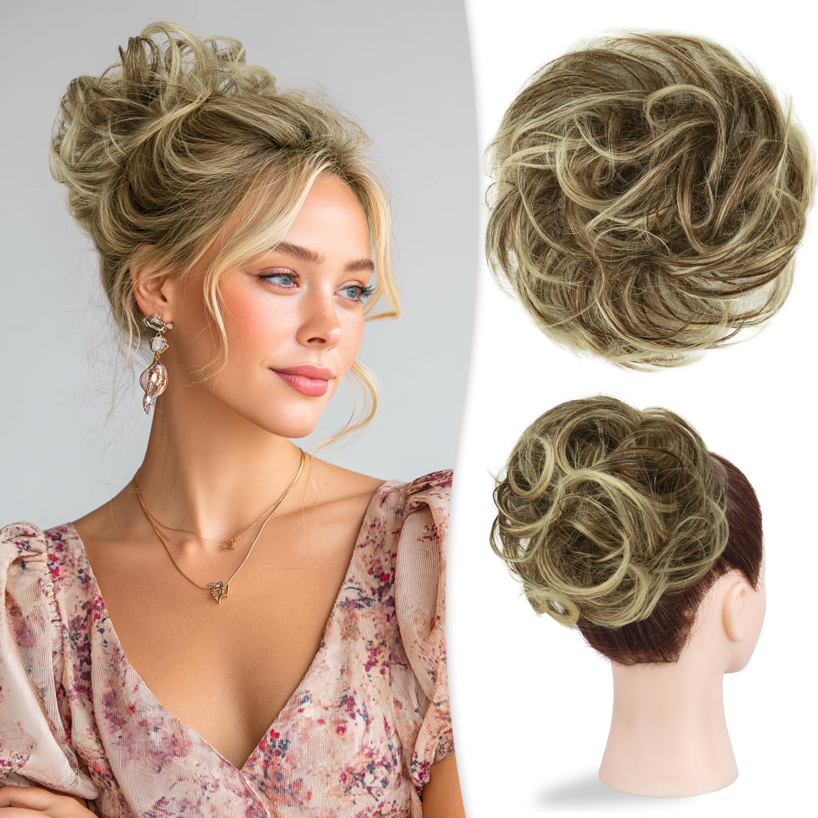 Photo 1 of RUWISS Large Messy Bun Hair Piece 100% Human Hair Layered Wavy Curly Hair Buns Hair Piece for Women Updo Hairpiece for Daily Wear Real Hair Scrunchies Ponytail Extension (Brown Mixed Light Blond)