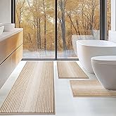 BSICPRO Bathroom Rugs Sets 3 Piece, Toilet Rugs U-Shaped Contour Bath Mat Set, Long Striped Absorbent Non Slip Chenille Shower Mat, Beige