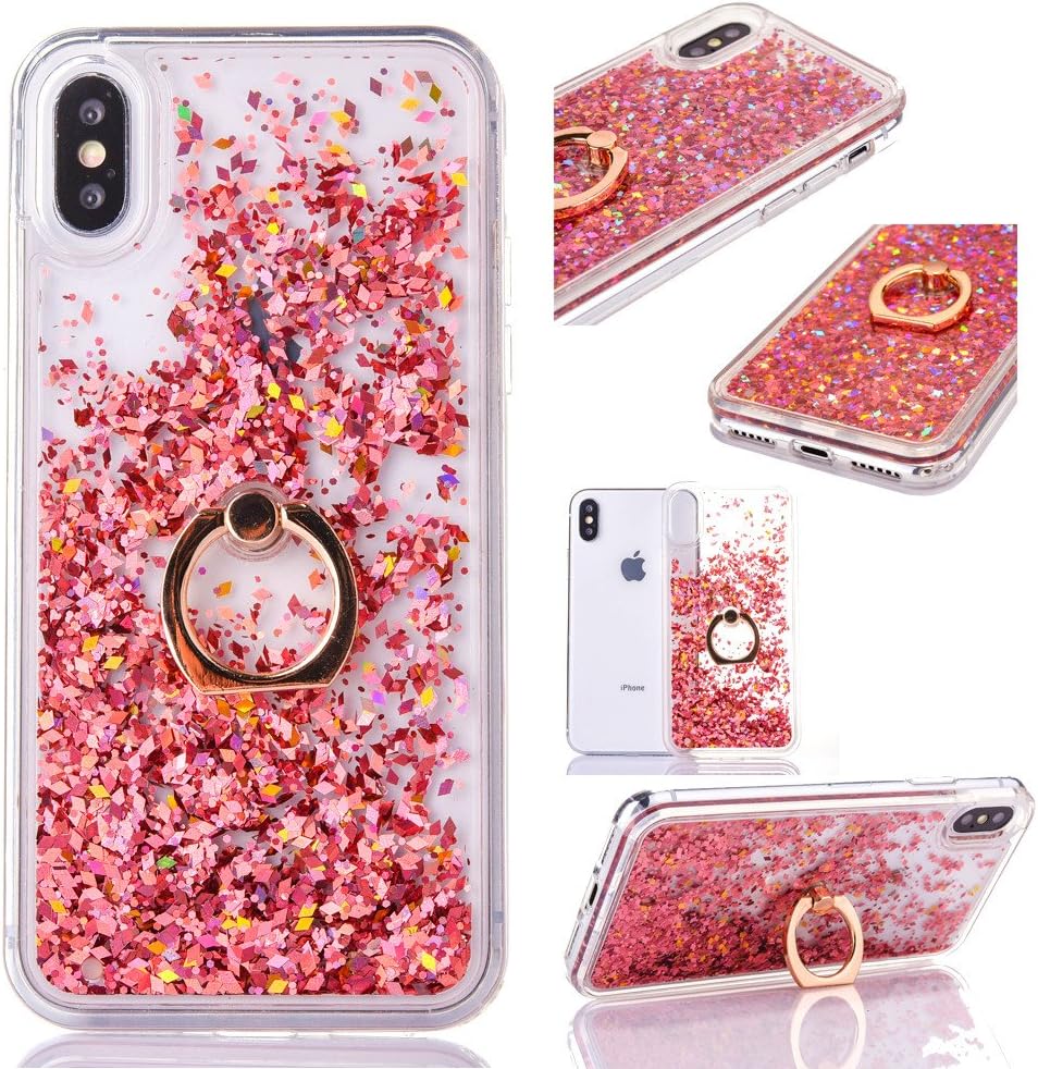 iPhone X Liquid Case,Floating Case for iPhone X[Anti-Scratch],3D Bling Sparkle Shiny Glitter Funny Novelty Liquid Quicksand Flowing Pink Diamonds Design with Ring Pattern Hard Cover Case for iPhone X.