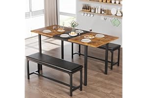 VECELO 3-Piece 63" Extendable Kitchen Table with Benches/Chairs, Modern Breakfast Dinette/Dining Room Set for 4/6/2, Small Space Saving Design, Easy Assembly