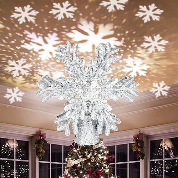 Christmas Tree Topper Lighted with Snowflake Projector, LED