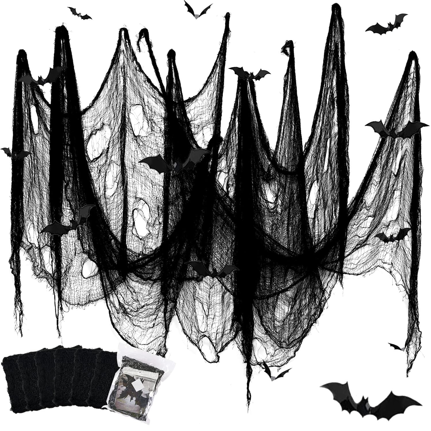 YuSaug Halloween Creepy Cloth, 6Pcs 30 x 72 Inch Scary Spooky Cloth Creepy Gauze with 12 bat Stickers, Creepy Cloth Fabric for Halloween Party Scary Decoration (6 Black)