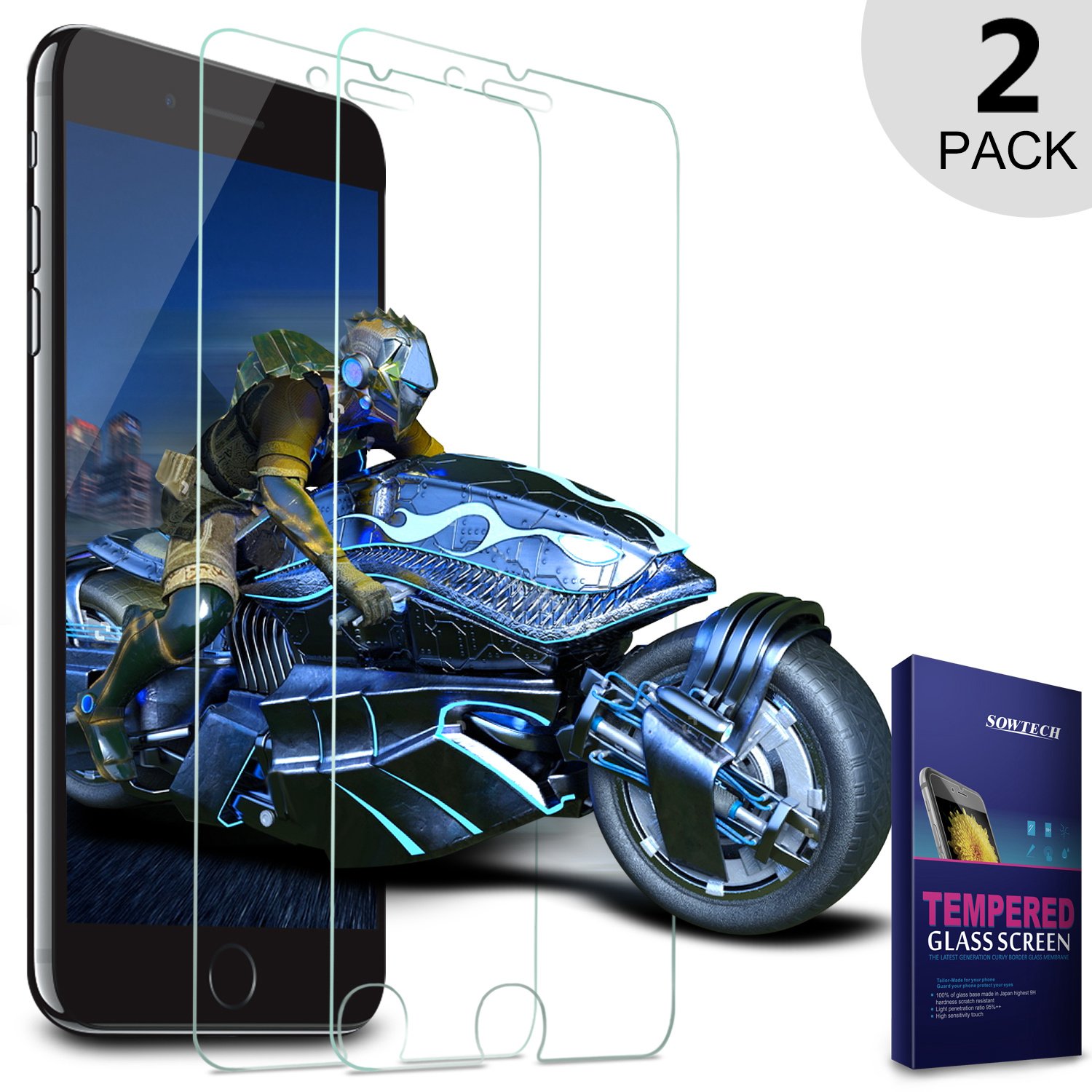 Ultra Clear iPhone 7 Plus Screen Protector SOWTECH 2 Pack Premium Tempered Glass with Scratch Proof HD iPhone 8 Plus Protective Screen Cover with Anti Bubble - Clear