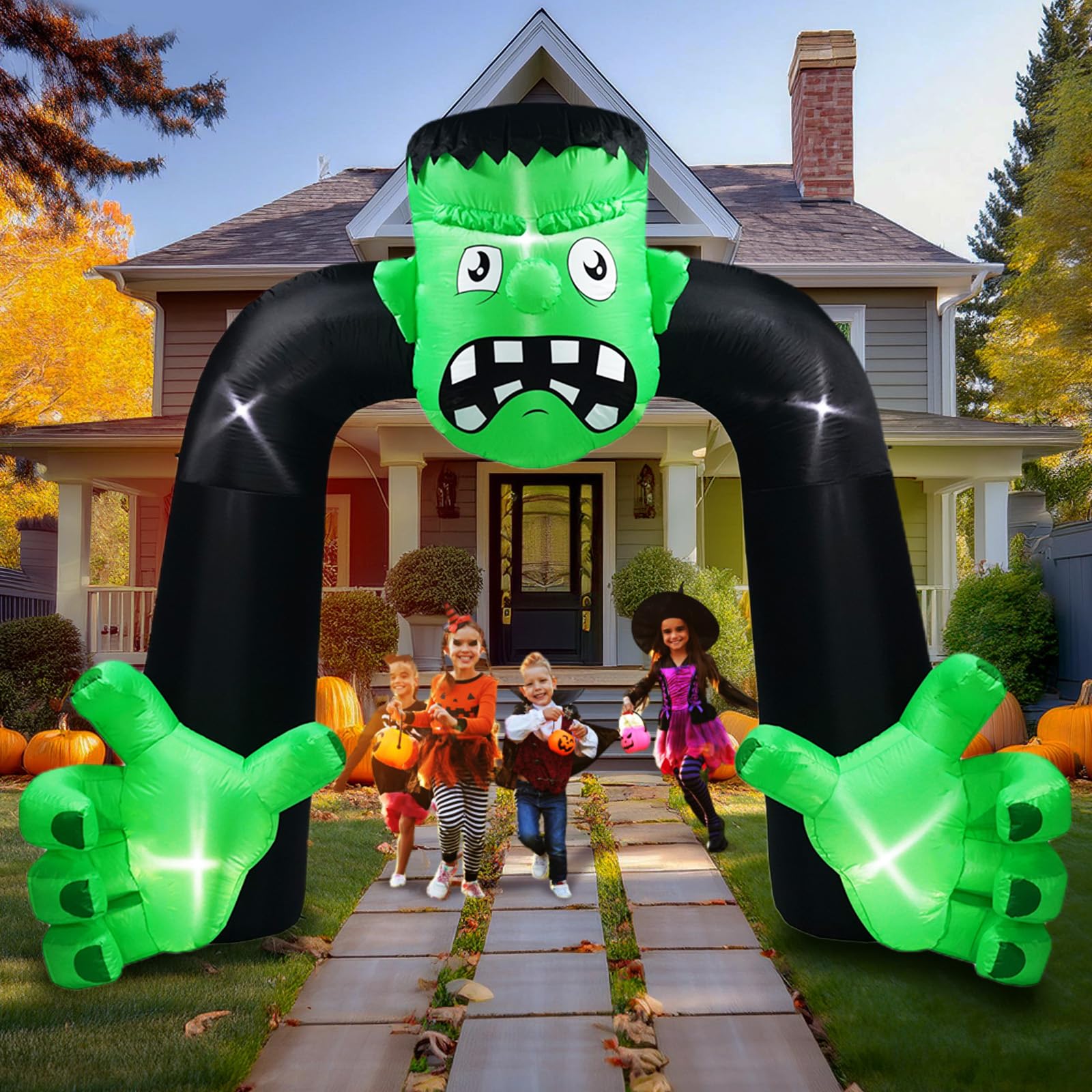 Photo 1 of UniqSeason 9FT Tall Halloween Inflatables Archway Frankenstein Outdoor Decoration, Blow Up Frankenstein Inflatables Arch Built-in 5 Led Lights for Halloween Inflatables Outdoor Yard Decoration