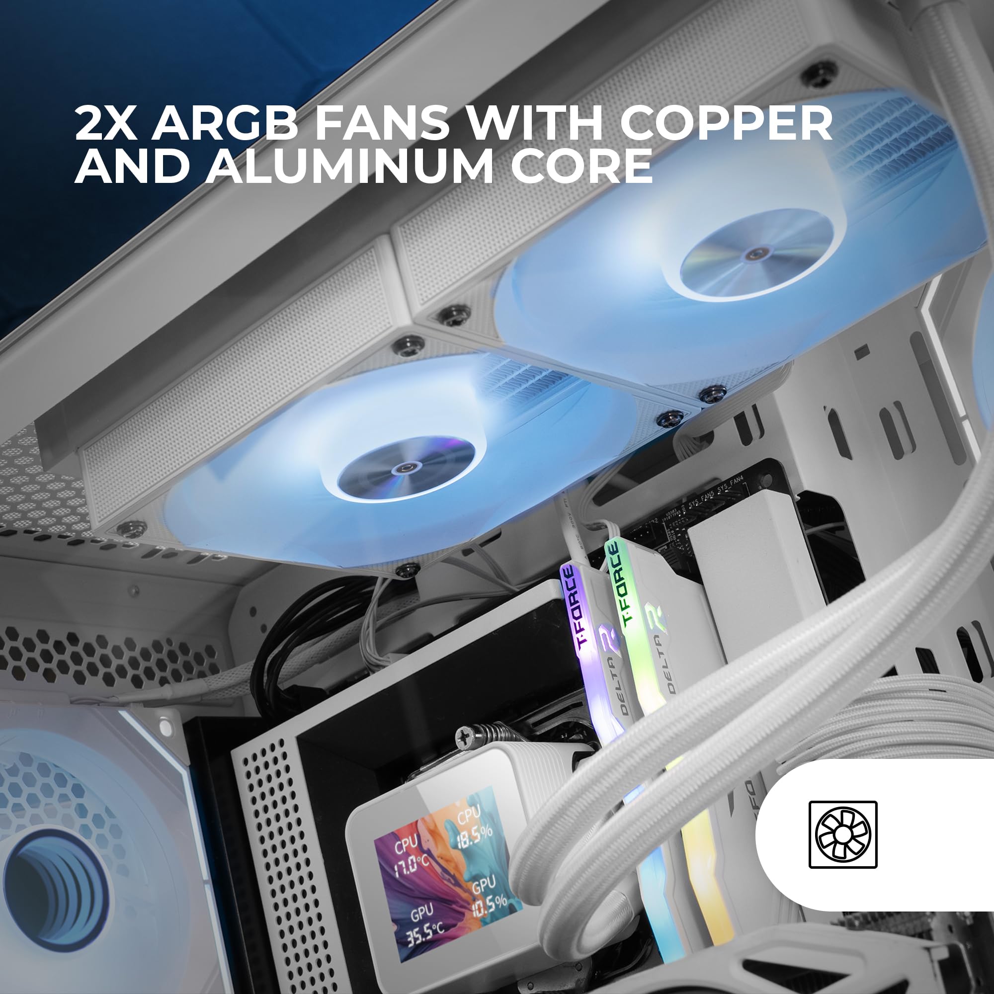 Mars Gaming ML-VISION240, Flüssigkeitskühlung AIO, TDP 500W, 2x ARGB-Lüfter mit Kupfer und Aluminium-FDB-Kern, 4:3 IPS LCD-Display mit 360° Rotation und Software, Universeller Multisockel, Weiß 4