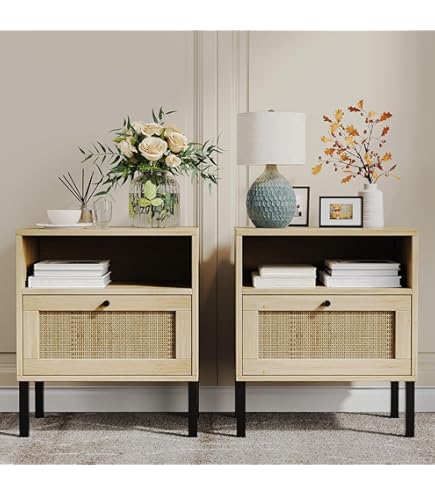 Ravas Nightstand Set Of 2 - Boho Farmhouse Wooden End Tables With Fluted Drawer & Open Shelf, For Bedroom Or Living Room