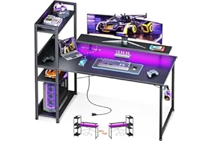 ODK Reversible Gaming Desk with Power Outlets, 48 Inch Computer Desk with Storage Shelves and Monitor Stand, Study Table for 