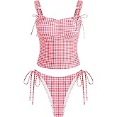 ZAFUL Women's Gingham Ruched Bowknot Decor Cinched Back Tankini Set Tummy Control 2 Piece Bikini Swimsuits