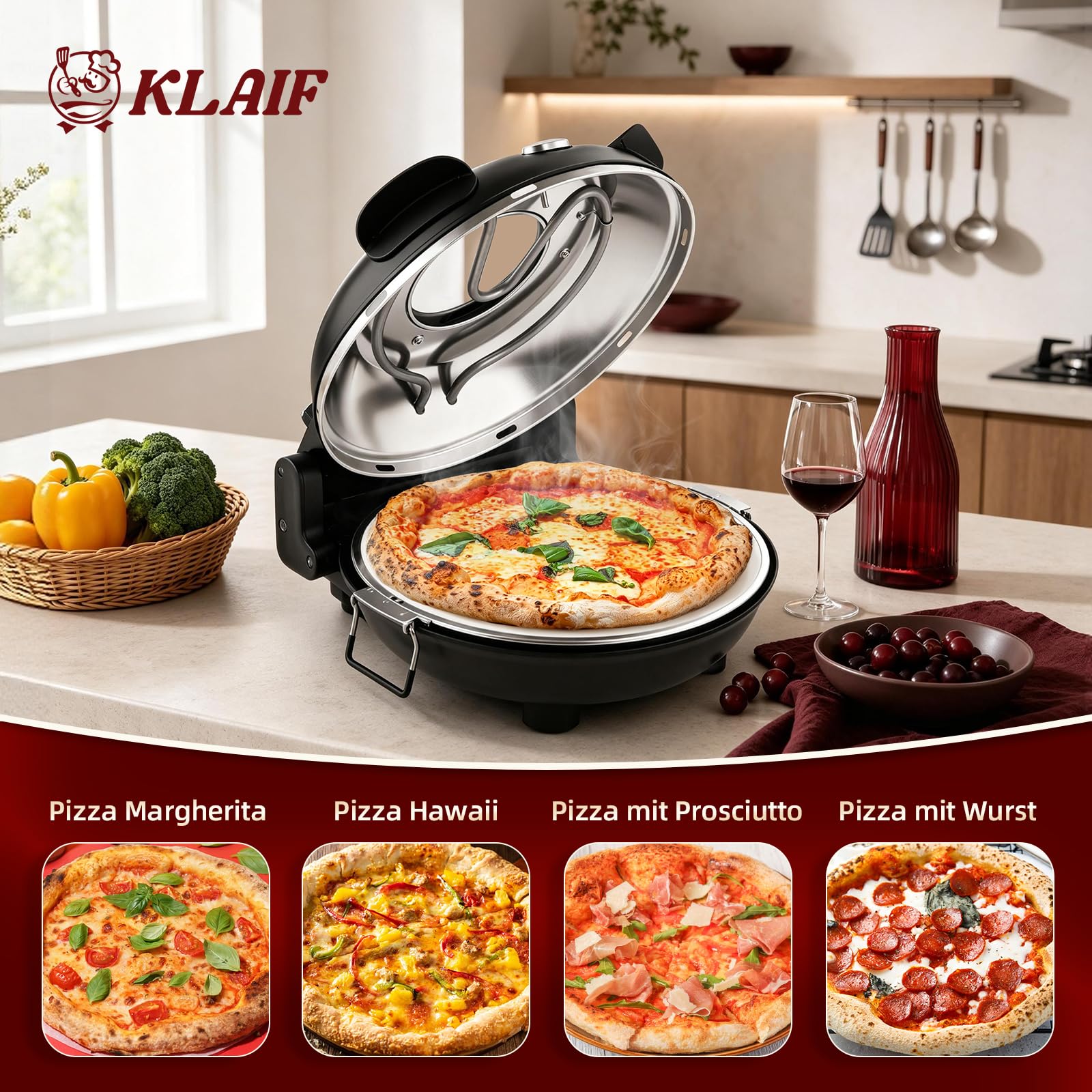 KLAIF Elektrischer Pizzaofen 420 °C, separat regelbare Ober- und Unterhitze, 31 cm Keramik-Pizzastein, 1200 W, Kompakter Pizzaofen für Zuhause, LM-Schwarz 7