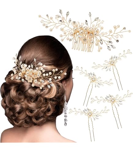 Amazon.com : Teyglen Flower Bride Wedding Hair Comb Gold  display picture 3