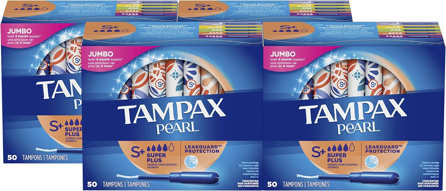 Tampax Pearl Tampons with Plastic Applicator, Super Plus Absorbency, 200 Count, Unscented (50 Count, Pack of 4-200 Count Total): Health & Personal Care