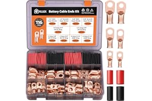 Filluck 116pcs Battery Cable Ends Kit,1/0 AWG 2 AWG 2/0AWG 4 AWG 6 AWG Copper Lugs,0 Gauge Heavy Duty Wire lugs, 3/8" & 5/16" Ring Terminal Connectors with 3:1 Heat Shrink Tube & Storage Box