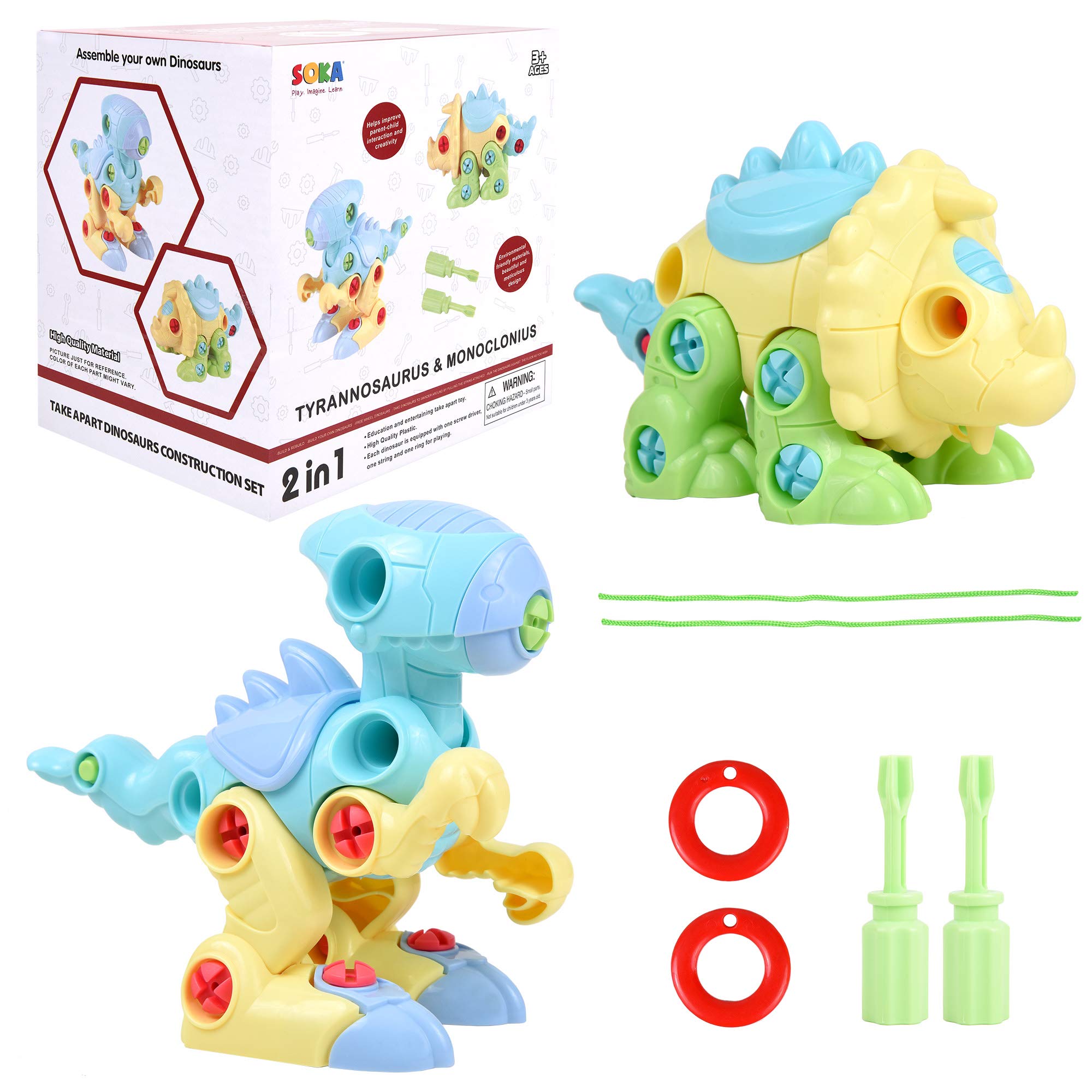 SOKA Take Apart Assemble Your Own DIY Dinosaur Toy Construction Set – Puzzle Building Toy Dinosaurs for Kids Boys Girls aged 3 4 5 6 Years - Blue/Yellow