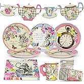 Talking Tables 50pcs Alice in Wonderland Party Decorations Pretty Floral Plates, Napkins, Tea Cups, Reusable Bunting Mad Hatter Afternoon Tea Onederland Birthday Baby Shower, Mother's Day -16 Guests