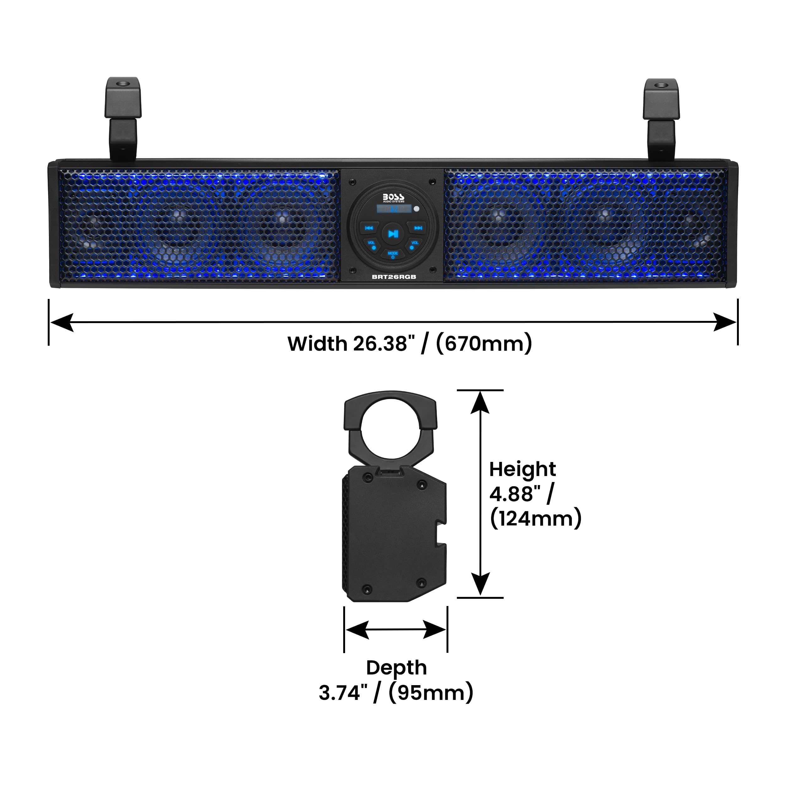 BOSS Audio Systems BRT26RGB ATV UTV Sound Bar - 26 Inches Wide, 4 inch Speakers, 1 Inch Tweeters, IPX5 Weatherproof, Bluetooth, Built-in Amplifier, Multicolor Illumination, Golf Cart Compatible