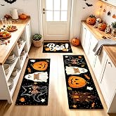 WSBArt Halloween Kitchen Rugs Set of 3, Boo Ghost Pumpkin Floor Mats, Black | Black Cat Runner Rug, Low-Profile Anti-fatigue Floor Mat, Non‑Slip Rubber Back, Halloween Home Decor for Kitchen Indoor