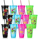 Ovveroche 12 Pcs 90s Party Cups with Lids and Straws, 24OZ 90s Theme Party Decorations Drinking Cups Bulk for Retro Music Party Supplies Throwback Dance Birthday Party Supplies