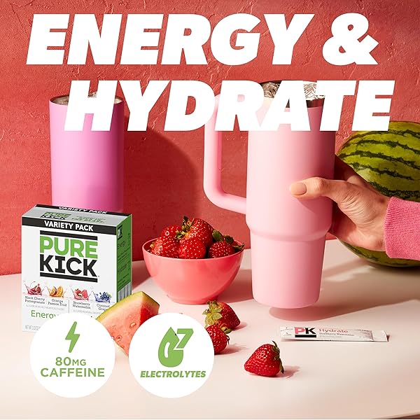 PURE KICK ENERGY AND HYDRATE SINGLES TO GO DRINK MIX VARIETY PACK, BLACK CHERRY POMEGRANATE, ORANGE PASSION FRUIT, STRAWBERRY WATERMELON AND CONCORD GRAPE, 30 COUNT (PACK – 1)