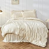 Bonlino Queen Comforter Set - Ruched Comforter Queen Size Bed Set Boho Shabby Chic Bedding for Bedroom Comforter Fluffy 3 Piece Ruffle Comforter Set with Pillow White Bedding Soft