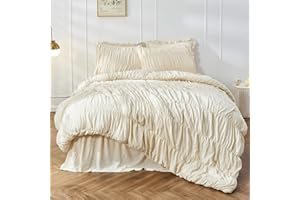 BONLINO Queen Comforter Set - Ruched Comforter Queen Size Bed Set Boho Shabby Chic Bedding for Bedroom Comforter Fluffy 3 Piece Ruffle Comforter Set with Pillow White Bedding Soft