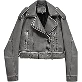 LY VAREY LIN Women Faux Leather Cropped Jacket Lapel Zipper Biker Short Coat with Belt