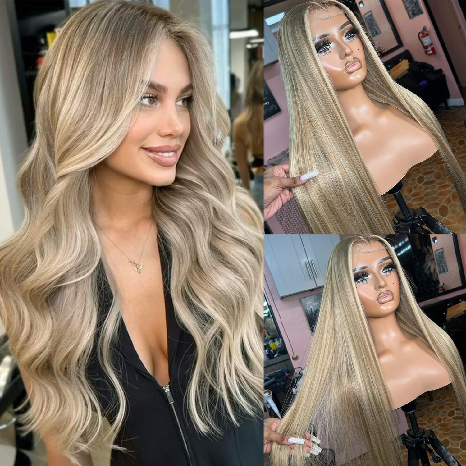 Photo 1 of 28 Inch Ash Blonde Highlights Lace Front Wig Human Hair Straight Ash Brown to Light Blonde Highlight Human Hair Lace Front Wigs for White Women 13x4 HD Lace Frontal Wig Pre Plucked Natural Hairline